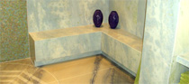 Badezimmer, Bodenplatten aus groformatigen Naturstein Platten Azul Imperial mit sandgestrahlten Rutschkanten, Wandflche aus Azul Marinho